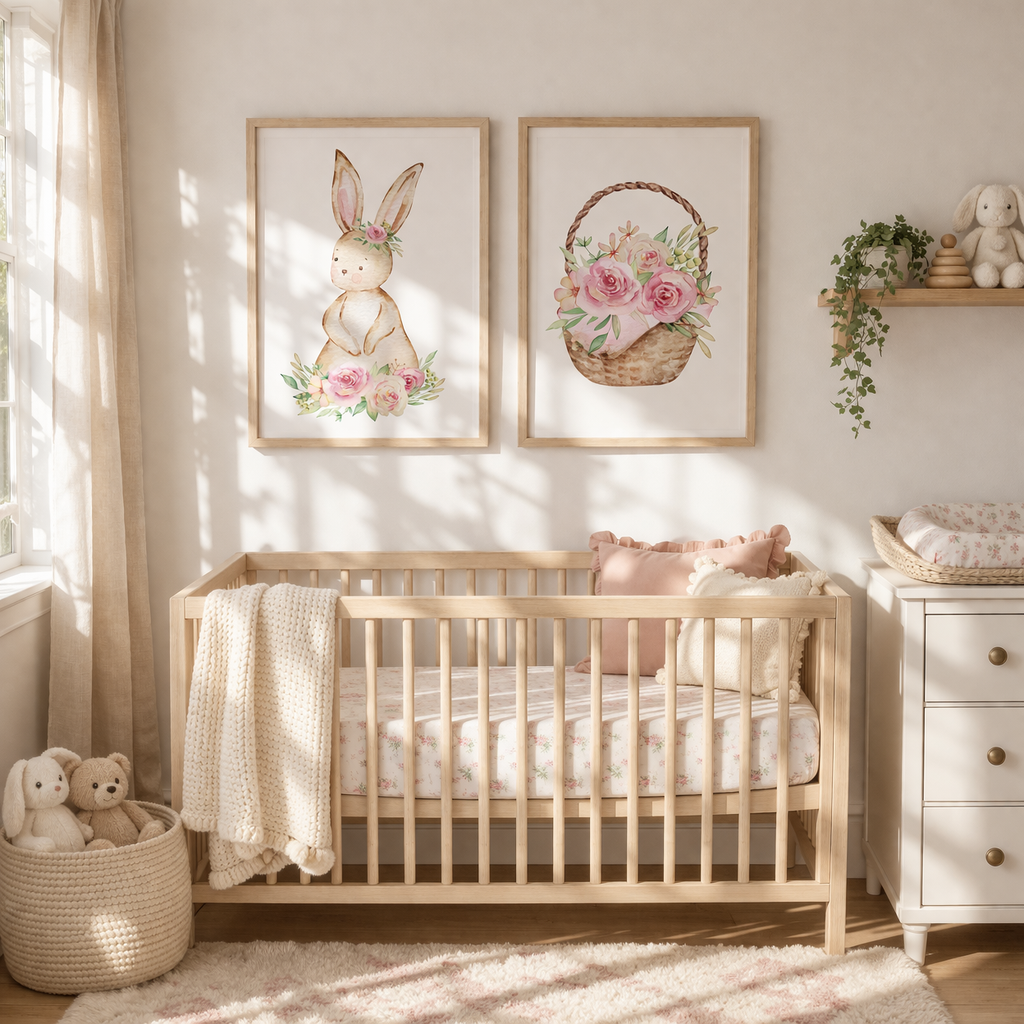 Lot de 2 affiches murales pour chambre de bébé « Lapin » – Lapin et panier fleuris 40x50 cm – Téléchargement instantané PDF – Décoration de chambre de petite fille