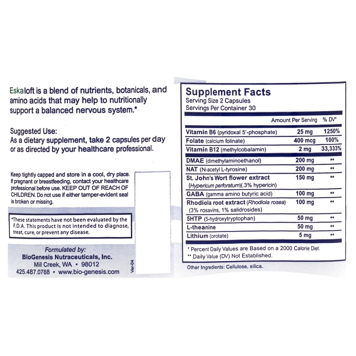 Nutra Biogenesis Eskaloft - B Vitamins - 120 Capsules -, Rhodiola and St. John's Wort to Help Support Mental Health & Stress Response