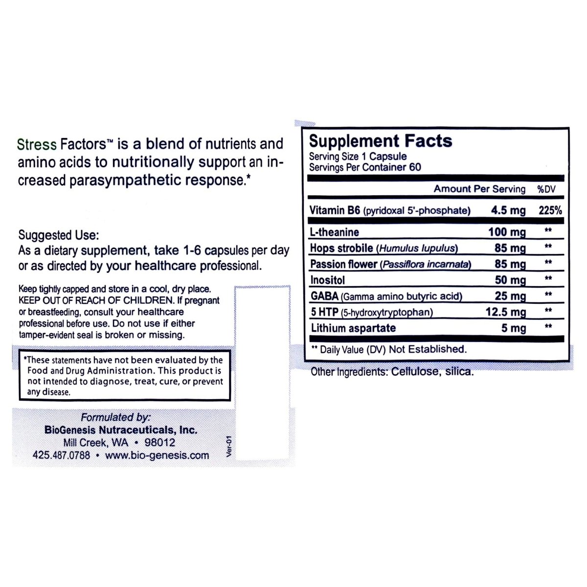 Nutra BioGenesis Stress Factors - 120 gélules - Vitamine B6, lithium et GABA pour aider à soutenir la réponse au stress et la santé mentale - 60 gélules