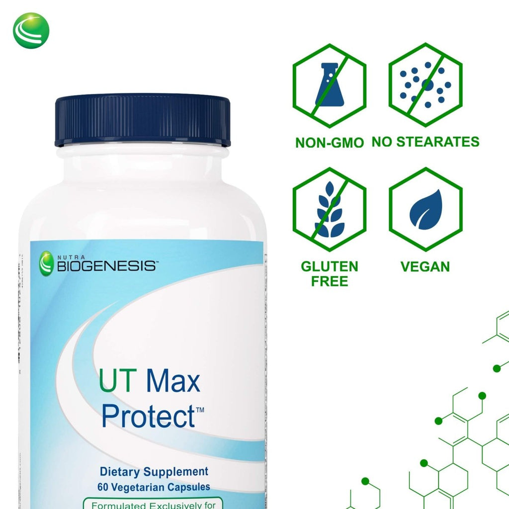 Nutra BioGenesis - UT Max Protect - Extrait de canneberge, D-mannose, busserole et vitamine A pour le soutien des voies urinaires, la santé rénale et le confort de la vessie - Sans gluten, végétalien, sans OGM - 60 gélules