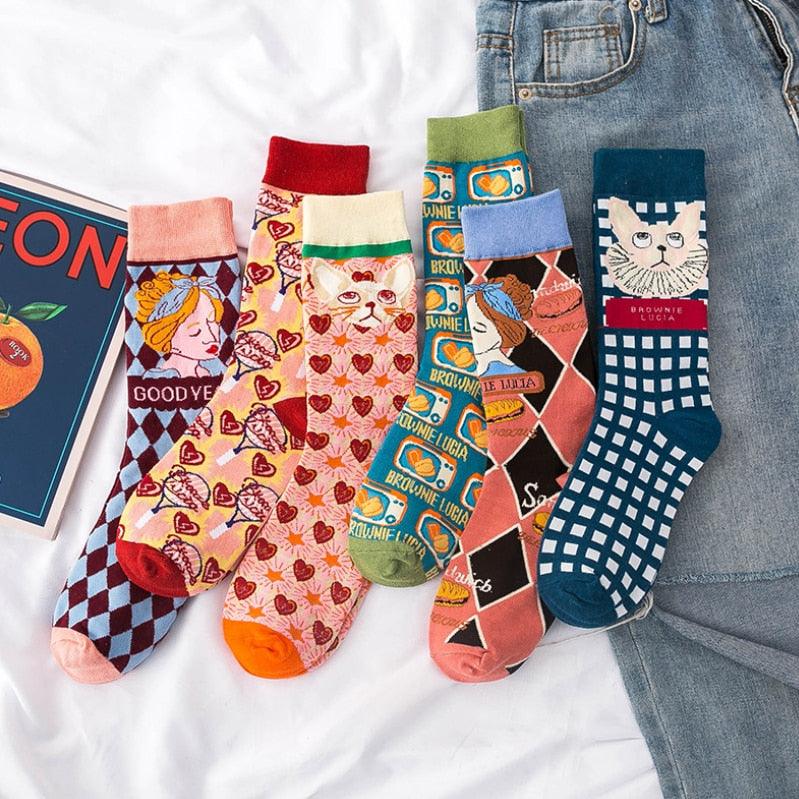 Chaussettes Imprimées Colorées Occident Fashion Femme avec Champignon Printemps Chaussettes Femme Respirantes en Coton Pour Femme