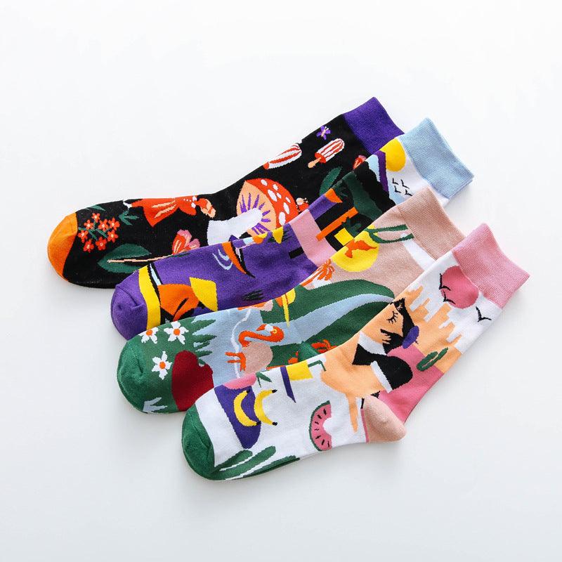 Chaussettes Imprimées Colorées Occident Fashion Femme avec Champignon Printemps Chaussettes Femme Respirantes en Coton Pour Femme