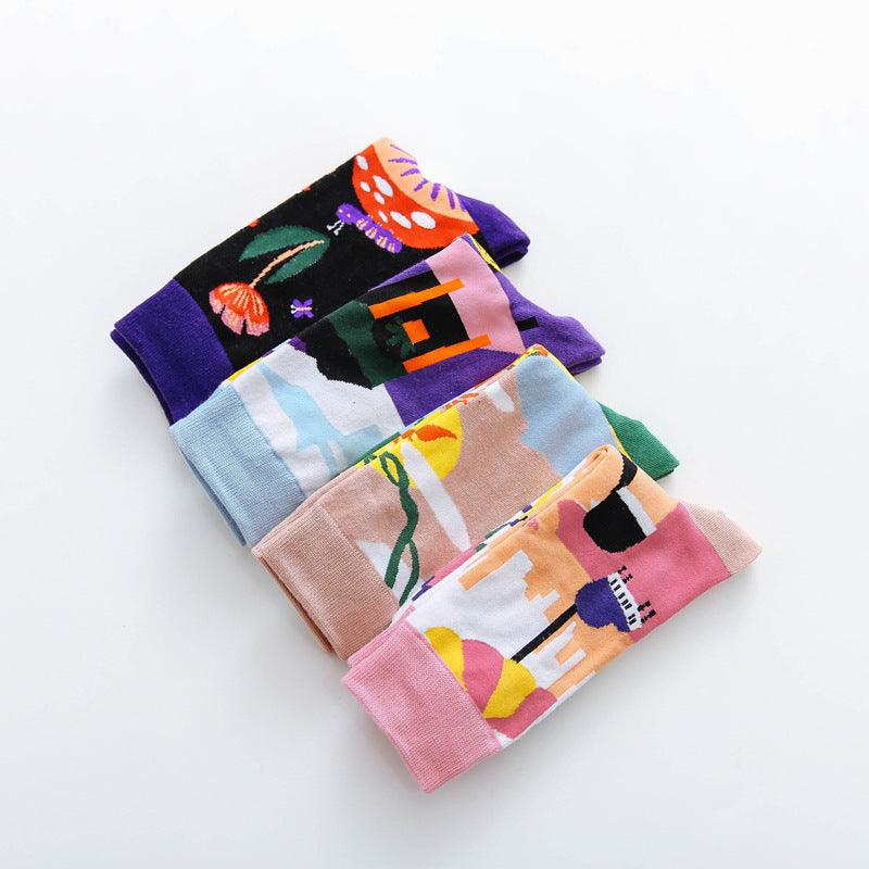 Chaussettes Imprimées Colorées Occident Fashion Femme avec Champignon Printemps Chaussettes Femme Respirantes en Coton Pour Femme