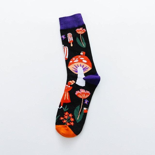 Chaussettes Imprimées Colorées Occident Fashion Femme avec Champignon Printemps Chaussettes Femme Respirantes en Coton Pour Femme