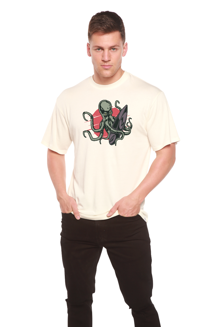 T-shirt graphique pieuvre pour homme en viscose de bambou/coton biologique à manches courtes