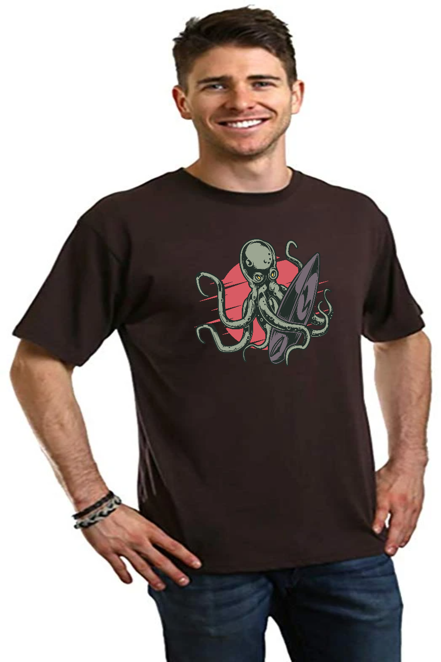 T-shirt graphique pieuvre pour homme en viscose de bambou/coton biologique à manches courtes