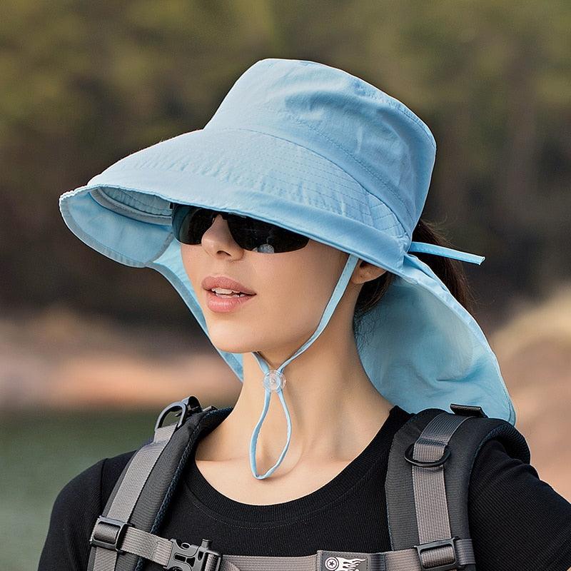 Chapeau de soleil large pour femme, taille unique, bob de plage, été, pêche, randonnée, protection UV anti-cou, chapeau large avec châle, protection solaire UV, casquette unisexe Safari, chapeau de sport d'été pour femme