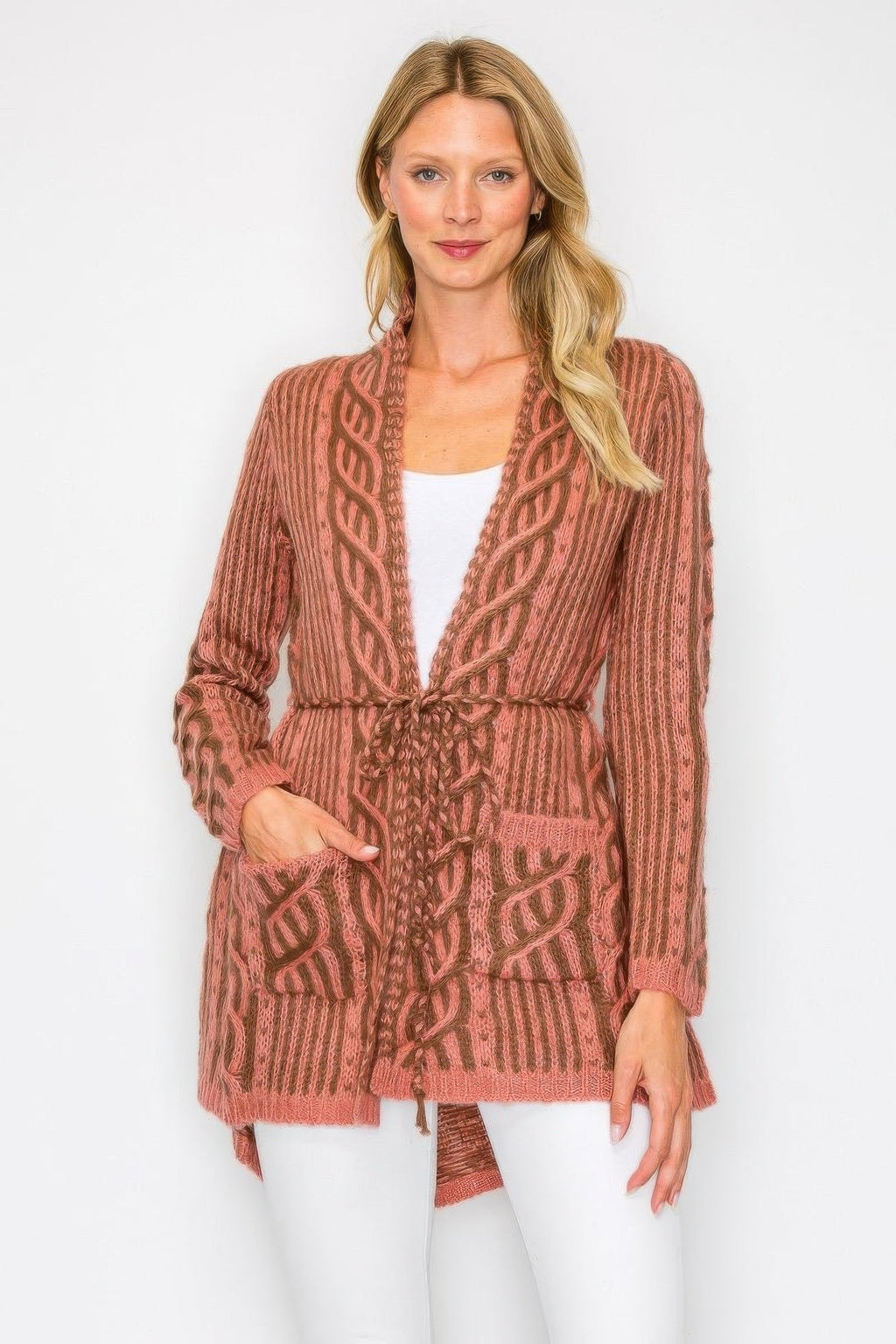 Gilet en maille ouvert avec ceinture à nouer et poche avant