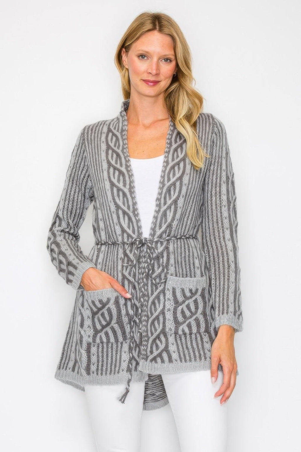 Gilet en maille ouvert avec ceinture à nouer et poche avant