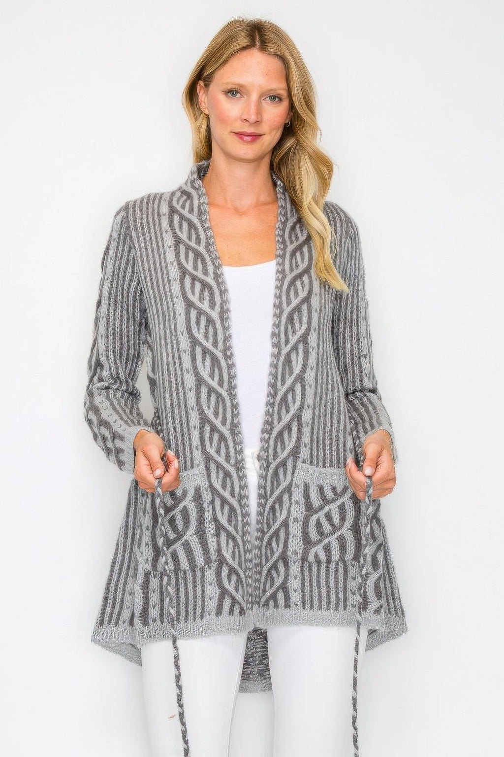 Gilet en maille ouvert avec ceinture à nouer et poche avant