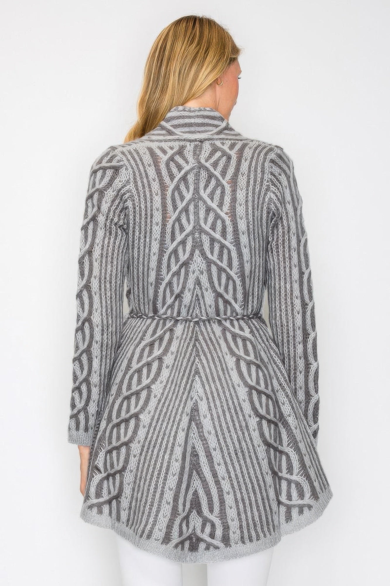 Gilet en maille ouvert avec ceinture à nouer et poche avant