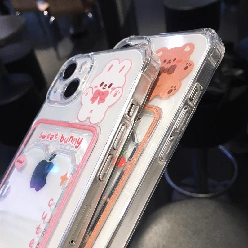 Étui de téléphone transparent en forme d'ours et de lapin orange mignon pour iPhone 14 Pro Max 13 12 11 X XR XS 7 8 Plus avec porte-cartes portefeuille et protection antichoc, étui souple pour iPhone de dessin animé