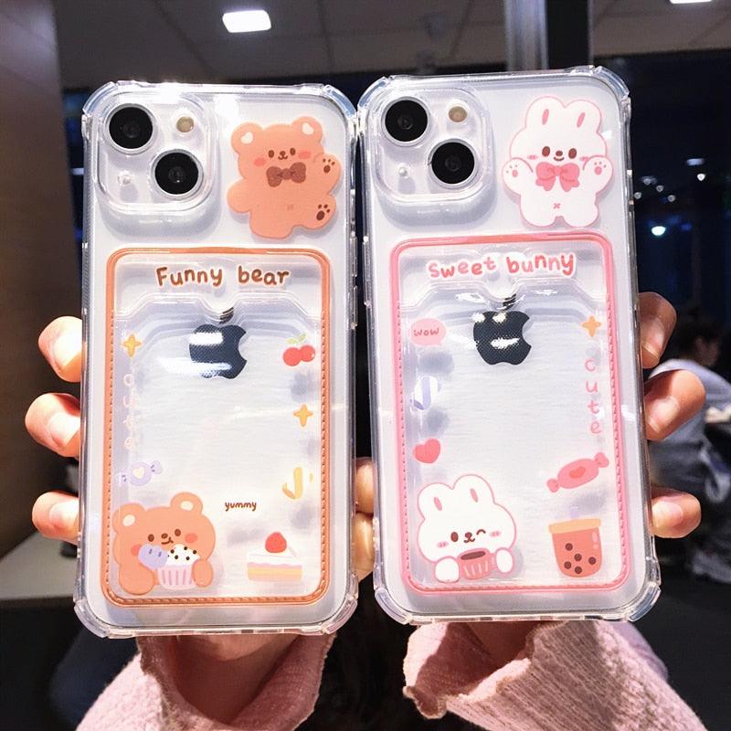 Étui de téléphone transparent en forme d'ours et de lapin orange mignon pour iPhone 14 Pro Max 13 12 11 X XR XS 7 8 Plus avec porte-cartes portefeuille et protection antichoc, étui souple pour iPhone de dessin animé