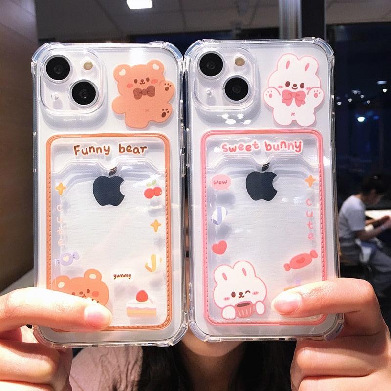 Étui de téléphone transparent en forme d'ours et de lapin orange mignon pour iPhone 14 Pro Max 13 12 11 X XR XS 7 8 Plus avec porte-cartes portefeuille et protection antichoc, étui souple pour iPhone de dessin animé