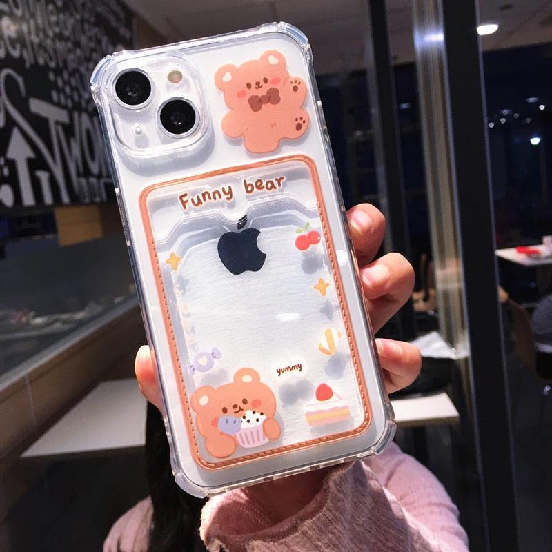 Étui de téléphone transparent en forme d'ours et de lapin orange mignon pour iPhone 14 Pro Max 13 12 11 X XR XS 7 8 Plus avec porte-cartes portefeuille et protection antichoc, étui souple pour iPhone de dessin animé