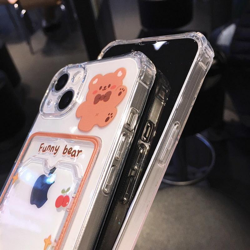 Étui de téléphone transparent en forme d'ours et de lapin orange mignon pour iPhone 14 Pro Max 13 12 11 X XR XS 7 8 Plus avec porte-cartes portefeuille et protection antichoc, étui souple pour iPhone de dessin animé