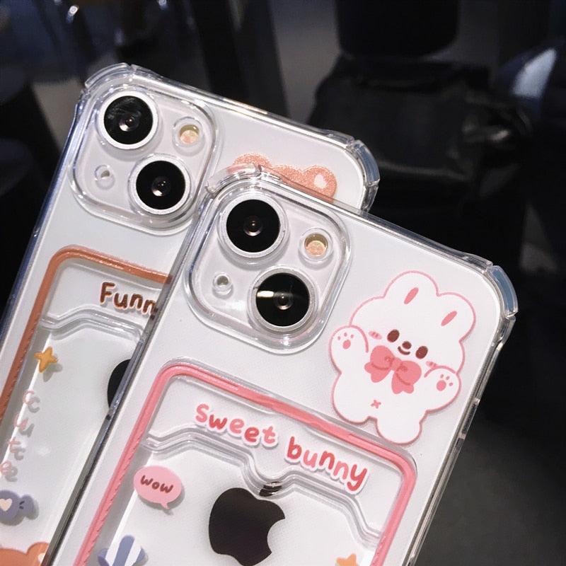 Étui de téléphone transparent en forme d'ours et de lapin orange mignon pour iPhone 14 Pro Max 13 12 11 X XR XS 7 8 Plus avec porte-cartes portefeuille et protection antichoc, étui souple pour iPhone de dessin animé