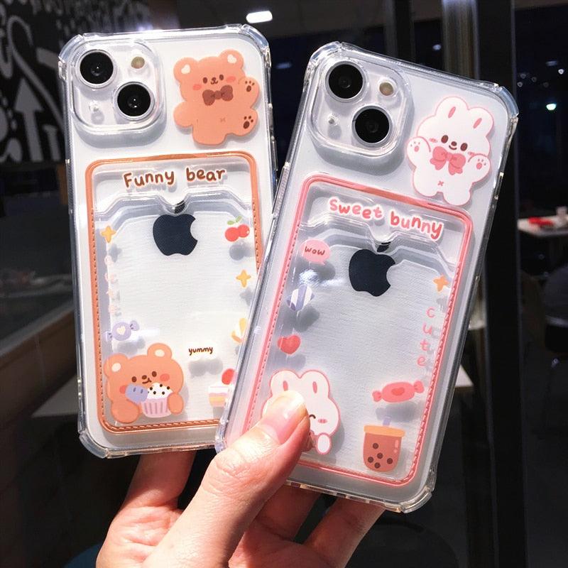 Étui de téléphone transparent en forme d'ours et de lapin orange mignon pour iPhone 14 Pro Max 13 12 11 X XR XS 7 8 Plus avec porte-cartes portefeuille et protection antichoc, étui souple pour iPhone de dessin animé