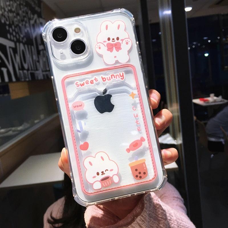 Étui de téléphone transparent en forme d'ours et de lapin orange mignon pour iPhone 14 Pro Max 13 12 11 X XR XS 7 8 Plus avec porte-cartes portefeuille et protection antichoc, étui souple pour iPhone de dessin animé