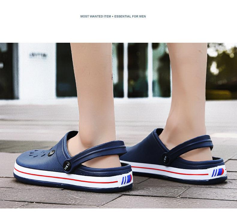 Sandales d'extérieur pour hommes, sabots, chaussures d'été ajourées en caoutchouc, chaussures de jardin pour hommes, sandales de plage plates noires, chaussons de travail, sandales d'été respirantes, légères et à séchage rapide