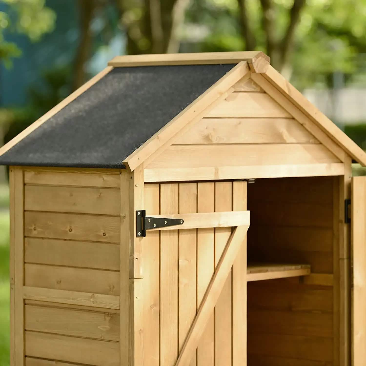 Abri de jardin en bois à toit incliné, avec organisateur d'outils et toit en asphalte étanche