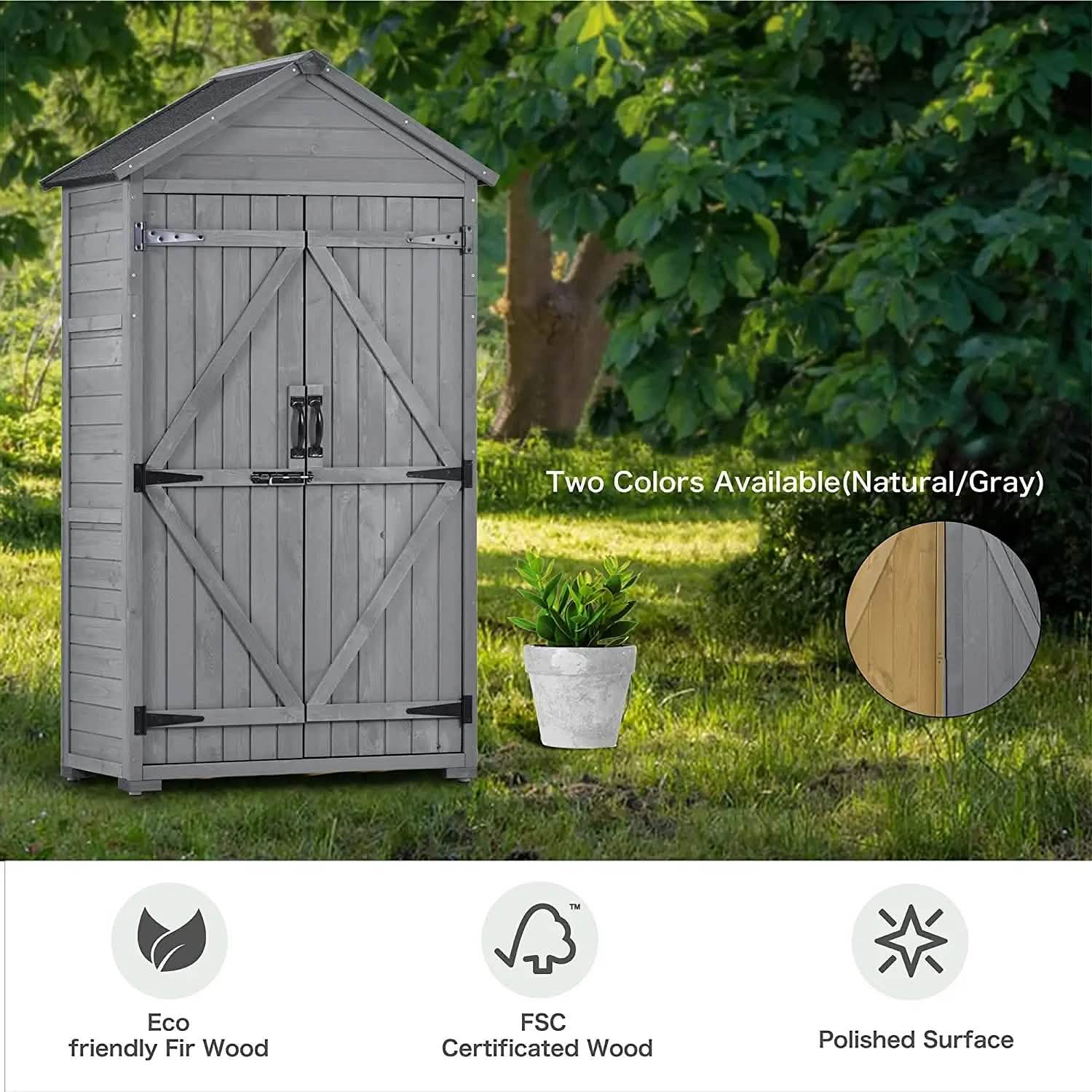 Abri de jardin en bois à toit incliné, avec organisateur d'outils et toit en asphalte étanche