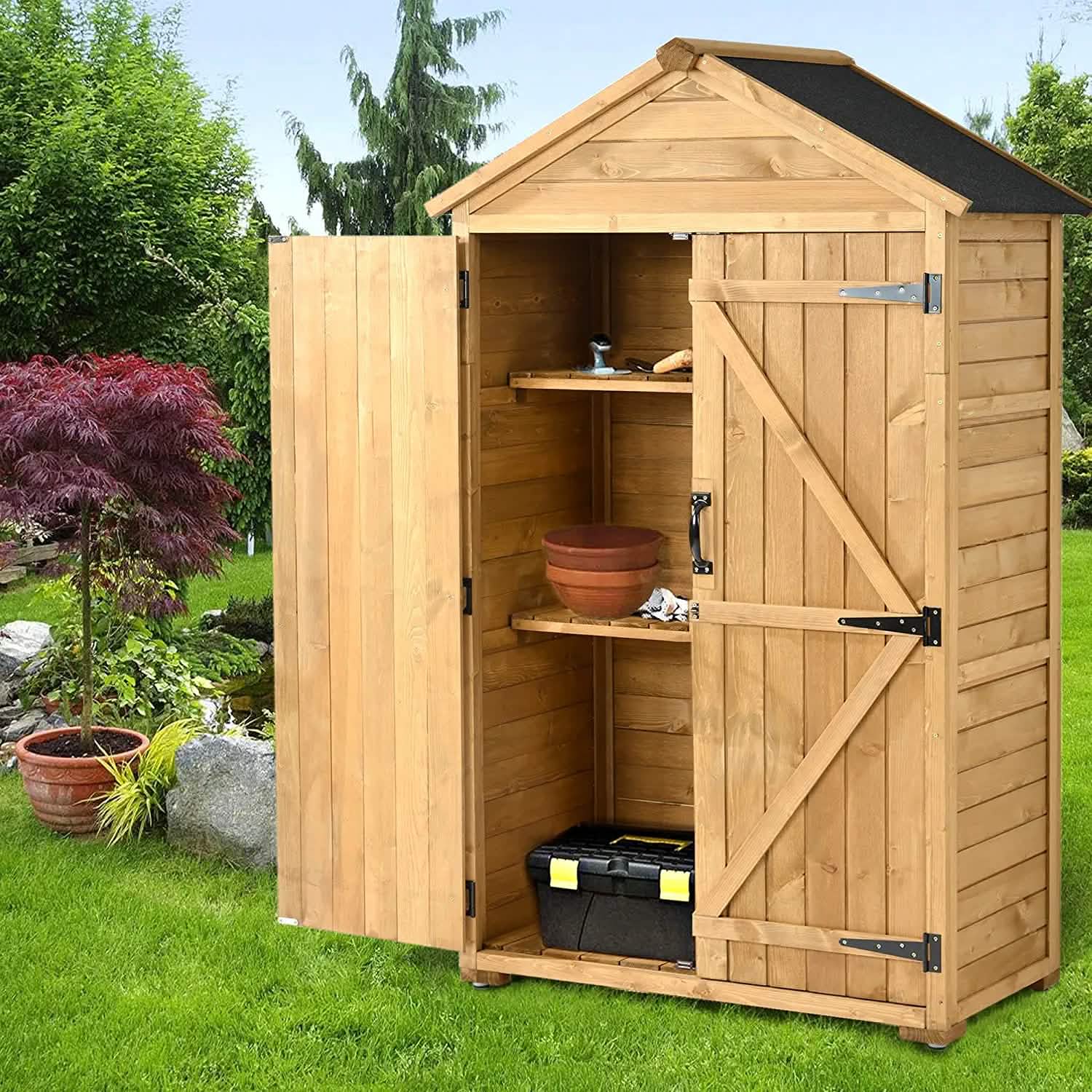 Abri de jardin en bois à toit incliné, avec organisateur d'outils et toit en asphalte étanche