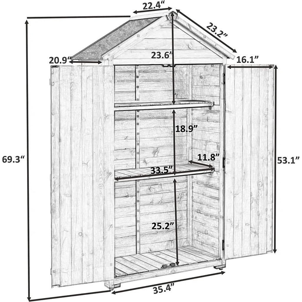 Abri de jardin en bois à toit incliné, avec organisateur d'outils et toit en asphalte étanche