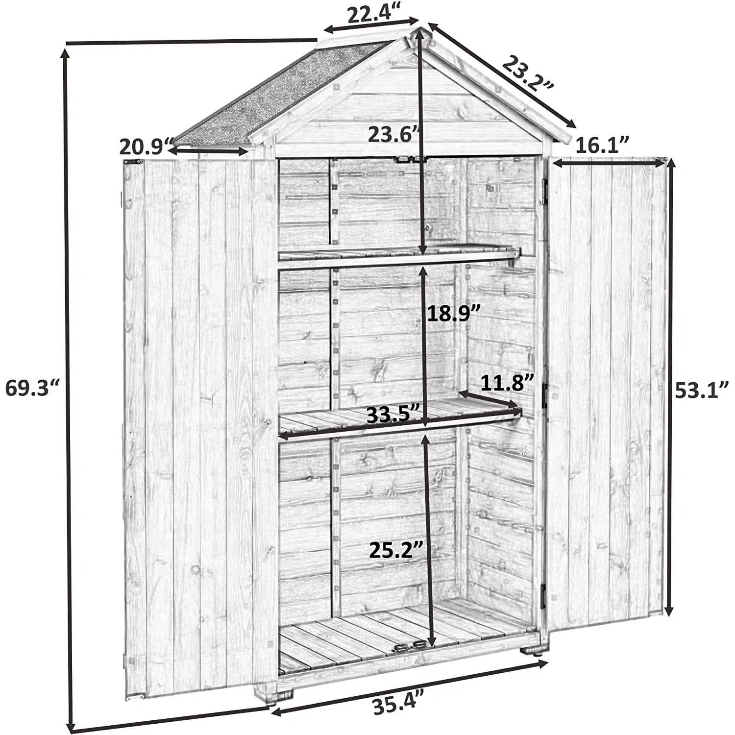 Abri de jardin en bois à toit incliné, avec organisateur d'outils et toit en asphalte étanche