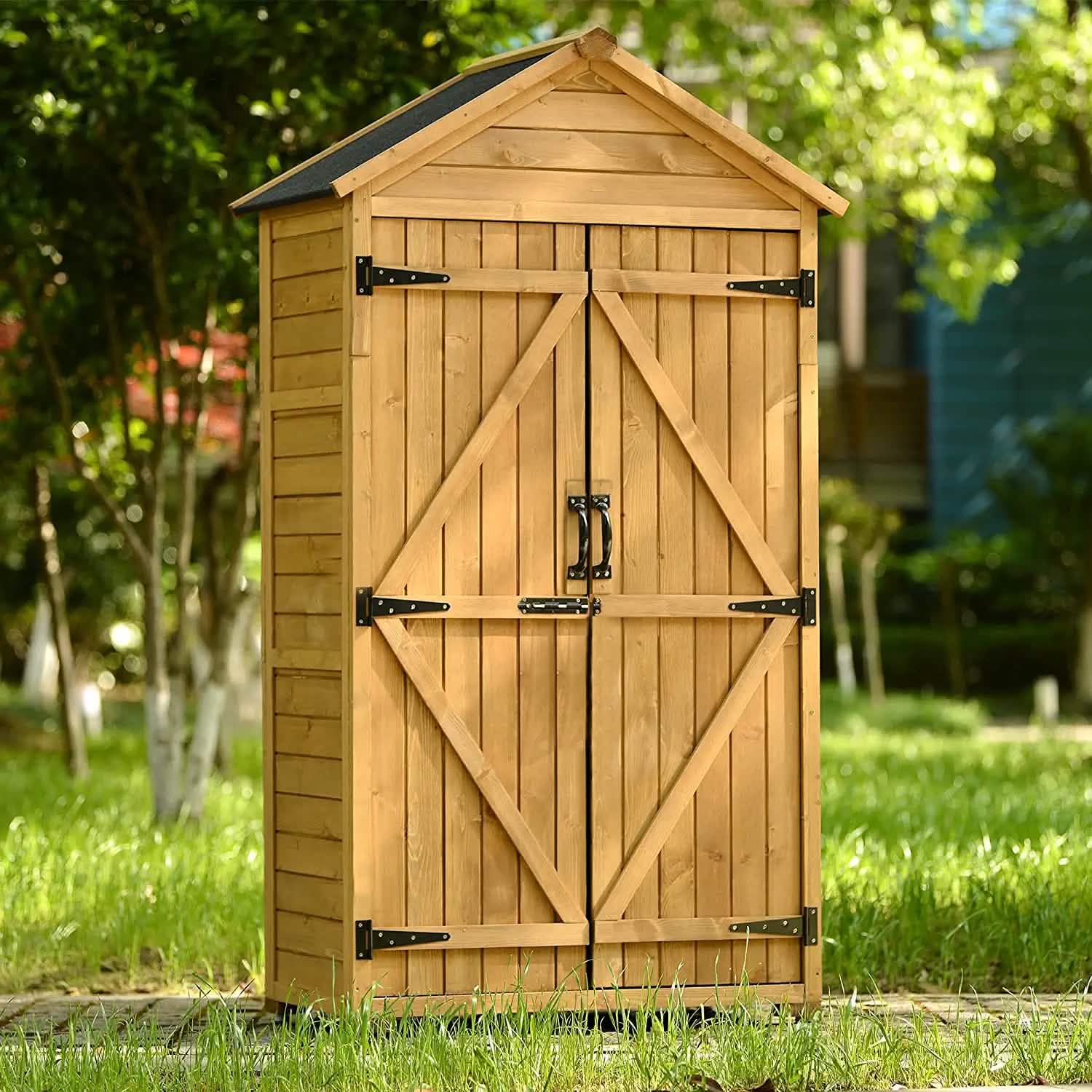 Abri de jardin en bois à toit incliné, avec organisateur d'outils et toit en asphalte étanche