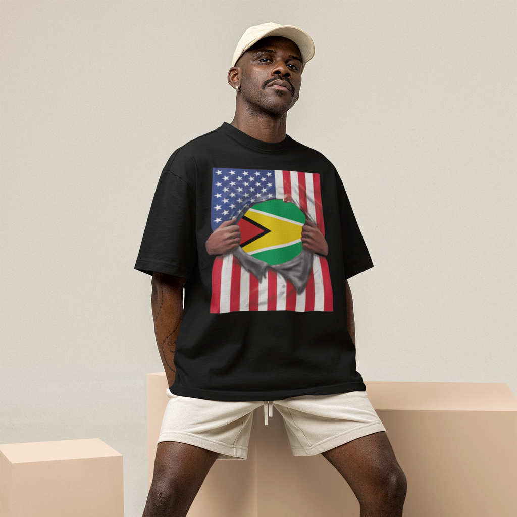 T-shirt Drapeaux Guyana + USA Fierté | Drapeaux Guyanien + Américain Effet déchiré 4 Juillet | T-shirts Latino Drôles Viraux | Unisexe - 4 Couleurs