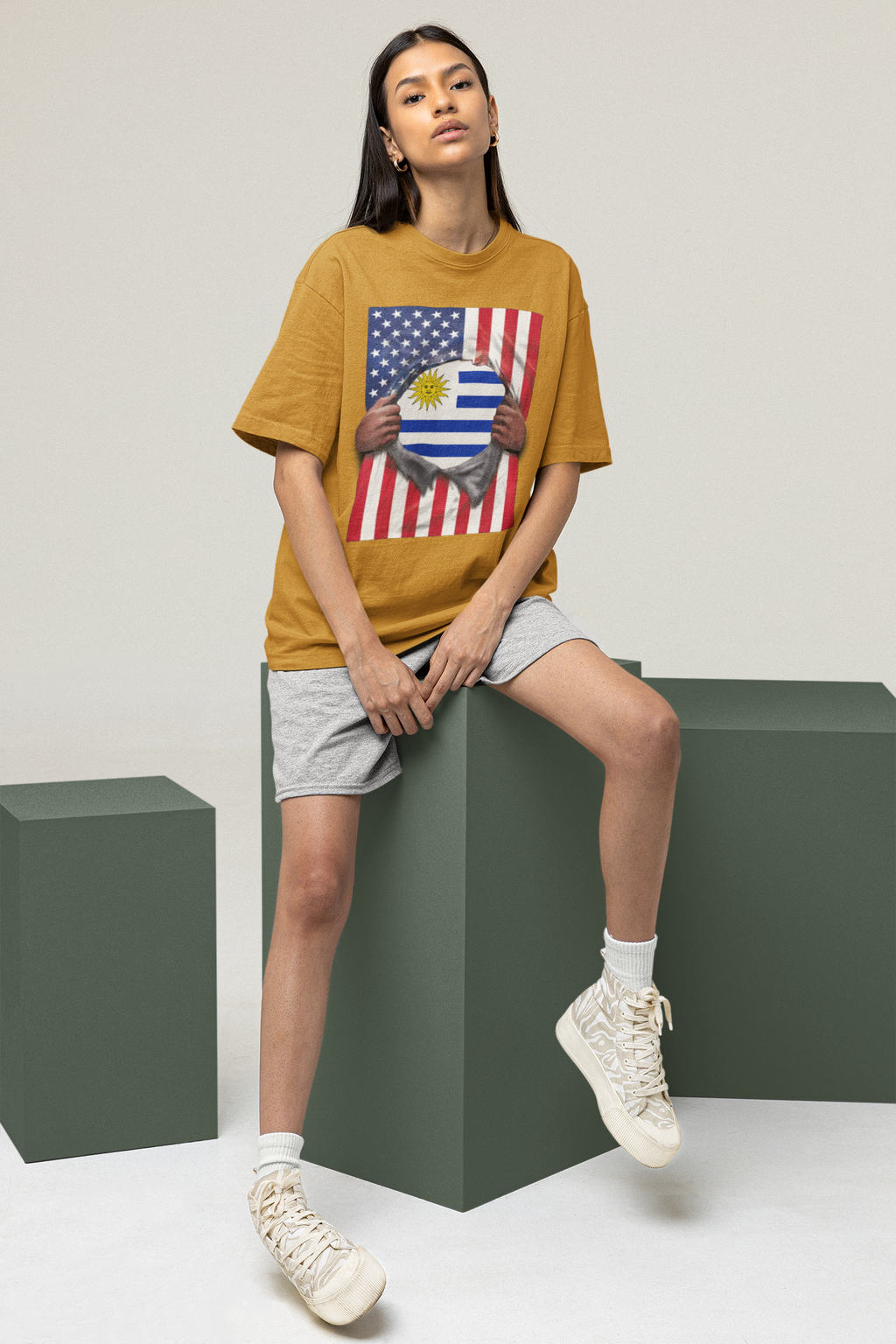 T-shirt drapeau Uruguay + drapeau USA Pride | Drapeau uruguayen + américain déchiré 4 juillet | T-shirts latinos drôles | Coton épais