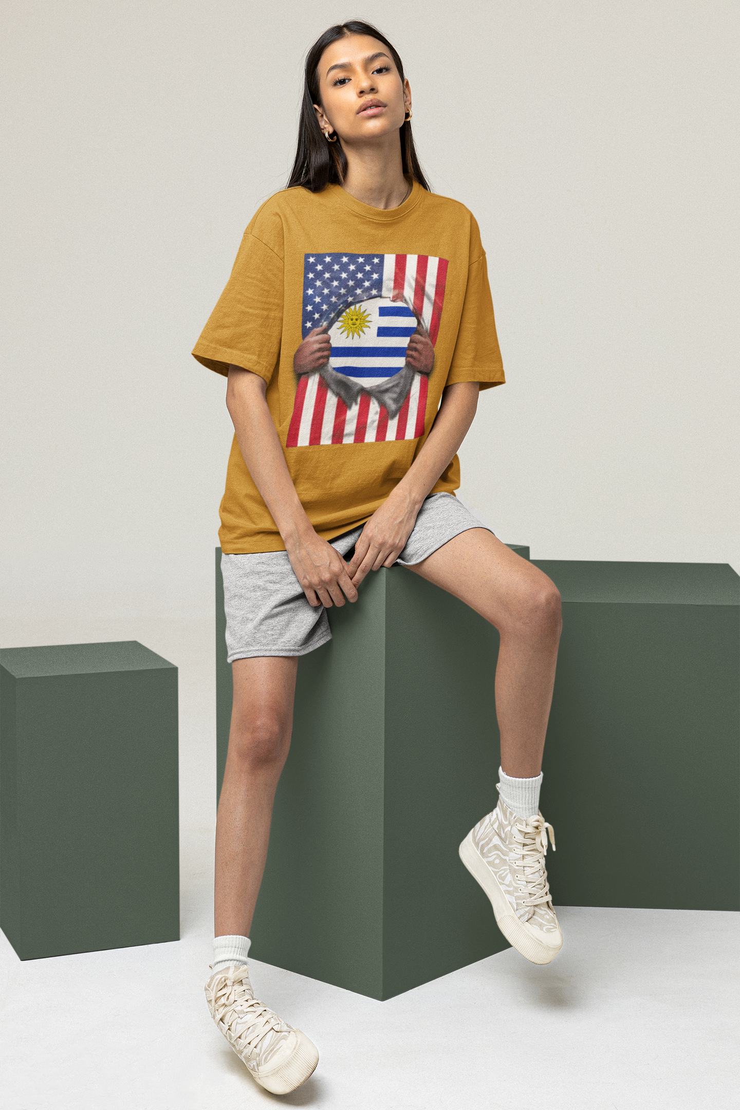 T-shirt drapeau Uruguay + drapeau USA Pride | Drapeau uruguayen + américain déchiré 4 juillet | T-shirts latinos drôles | Coton épais