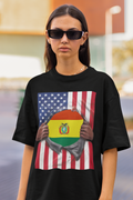 T-shirt Bolivie Drapeau + USA Drapeau Fierté | Drapeau Bolivien + Américain Déchiré 4 Juillet | T-shirts Latino Drôles Viraux | Unisexe - 4 Couleurs