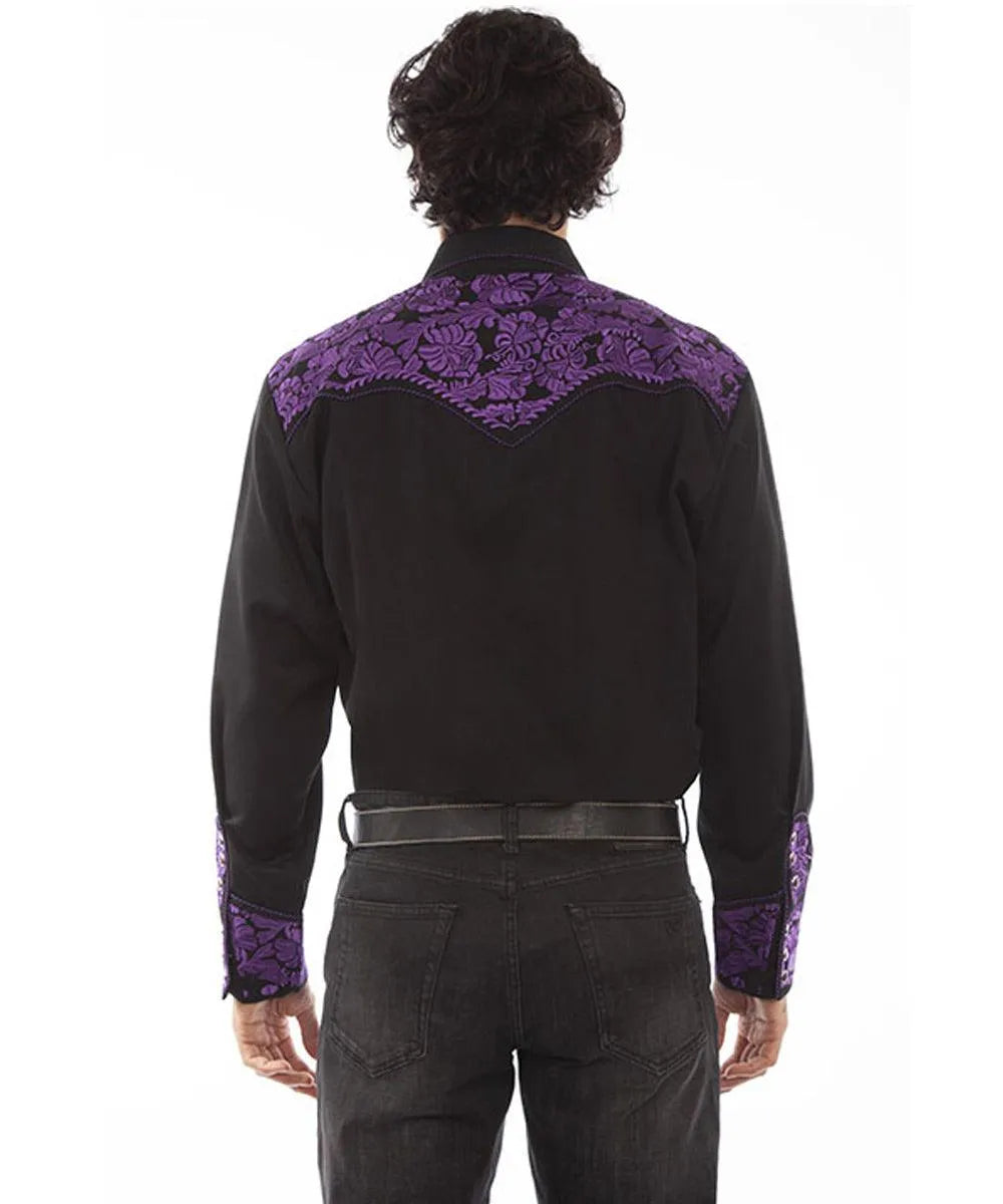 Chemise Western Scully à broderies florales en cuir repoussé pour homme (violet/noir)