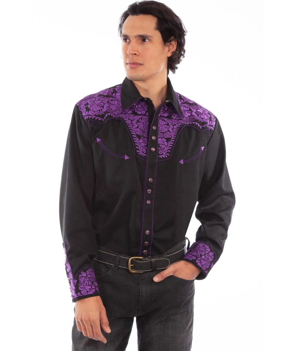 Chemise Western Scully à broderies florales en cuir repoussé pour homme (violet/noir)