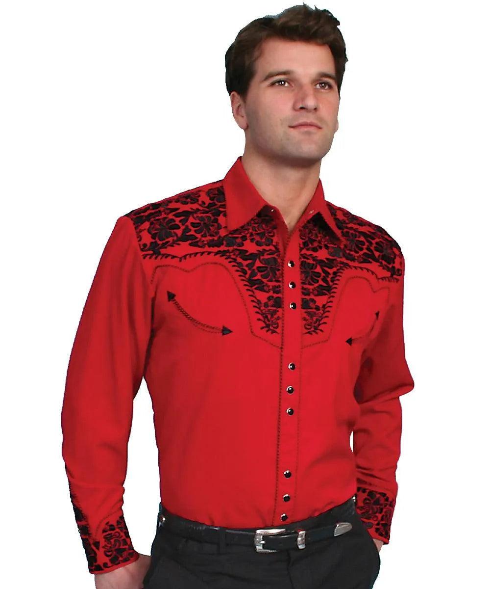 Chemise Western Broderie Florale Scully – Homme (Rouge/Noir)