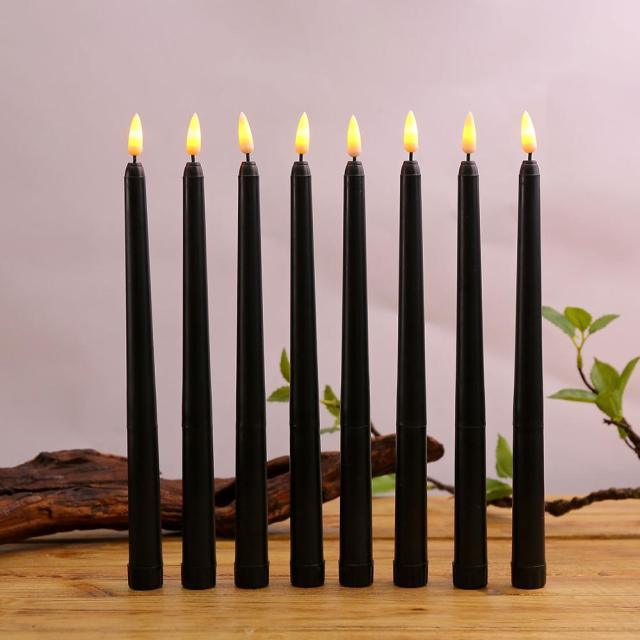 Lot de 6 bougies d'anniversaire LED noires sans flamme, bougies effilées LED, bougies LED scintillantes pour Halloween, Noël, jaune/blanc chaud, bougies d'Halloween LED sans flamme en plastique à piles scintillantes
