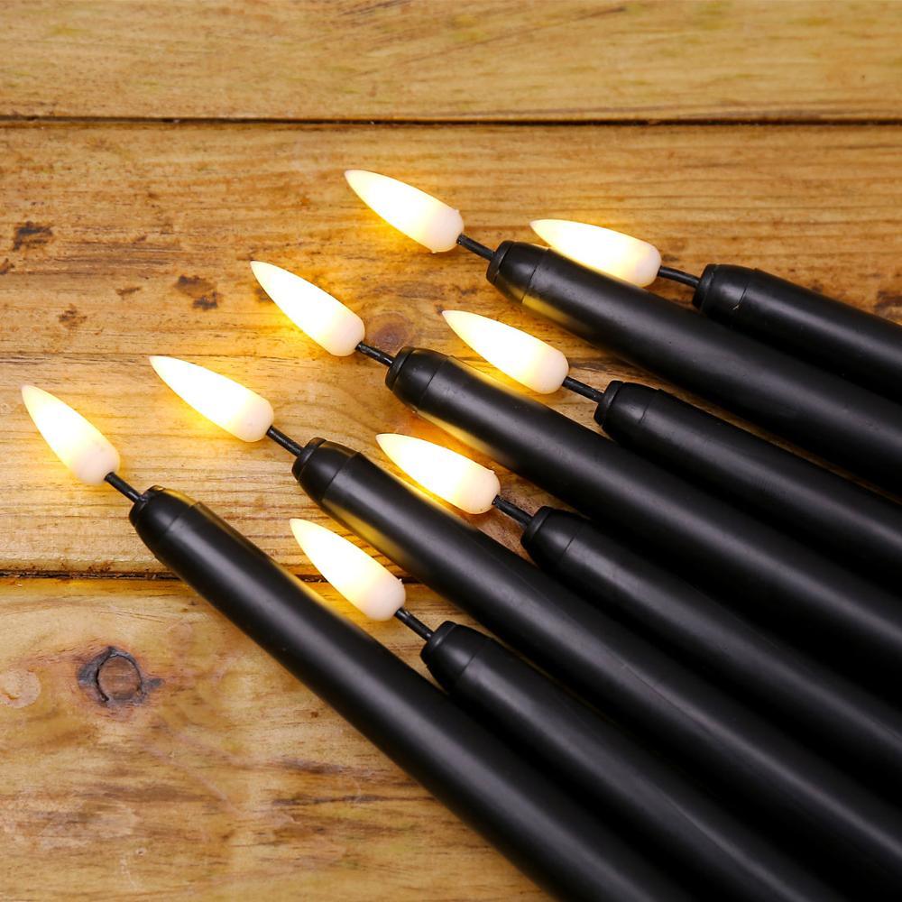 Lot de 6 bougies d'anniversaire LED noires sans flamme, bougies effilées LED, bougies LED scintillantes pour Halloween, Noël, jaune/blanc chaud, bougies d'Halloween LED sans flamme en plastique à piles scintillantes
