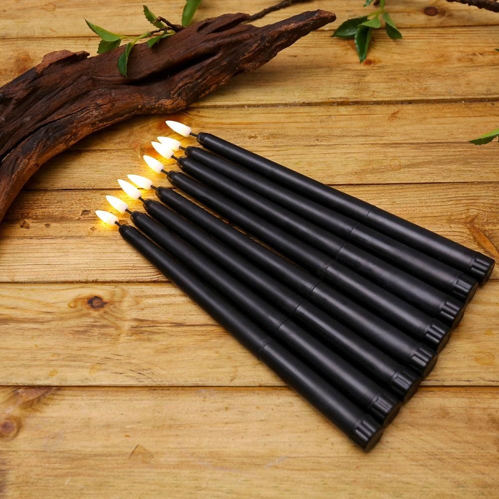 Lot de 6 bougies d'anniversaire LED noires sans flamme, bougies effilées LED, bougies LED scintillantes pour Halloween, Noël, jaune/blanc chaud, bougies d'Halloween LED sans flamme en plastique à piles scintillantes