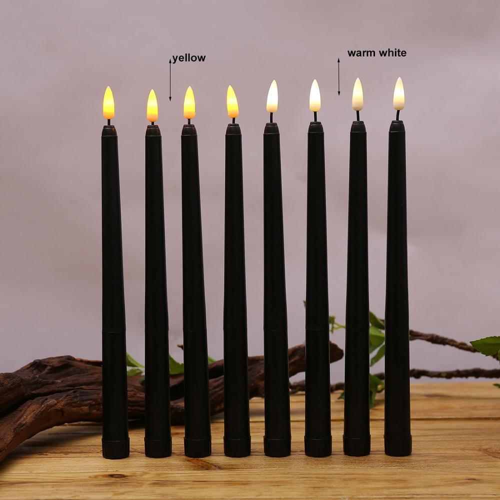 Lot de 6 bougies d'anniversaire LED noires sans flamme, bougies effilées LED, bougies LED scintillantes pour Halloween, Noël, jaune/blanc chaud, bougies d'Halloween LED sans flamme en plastique à piles scintillantes