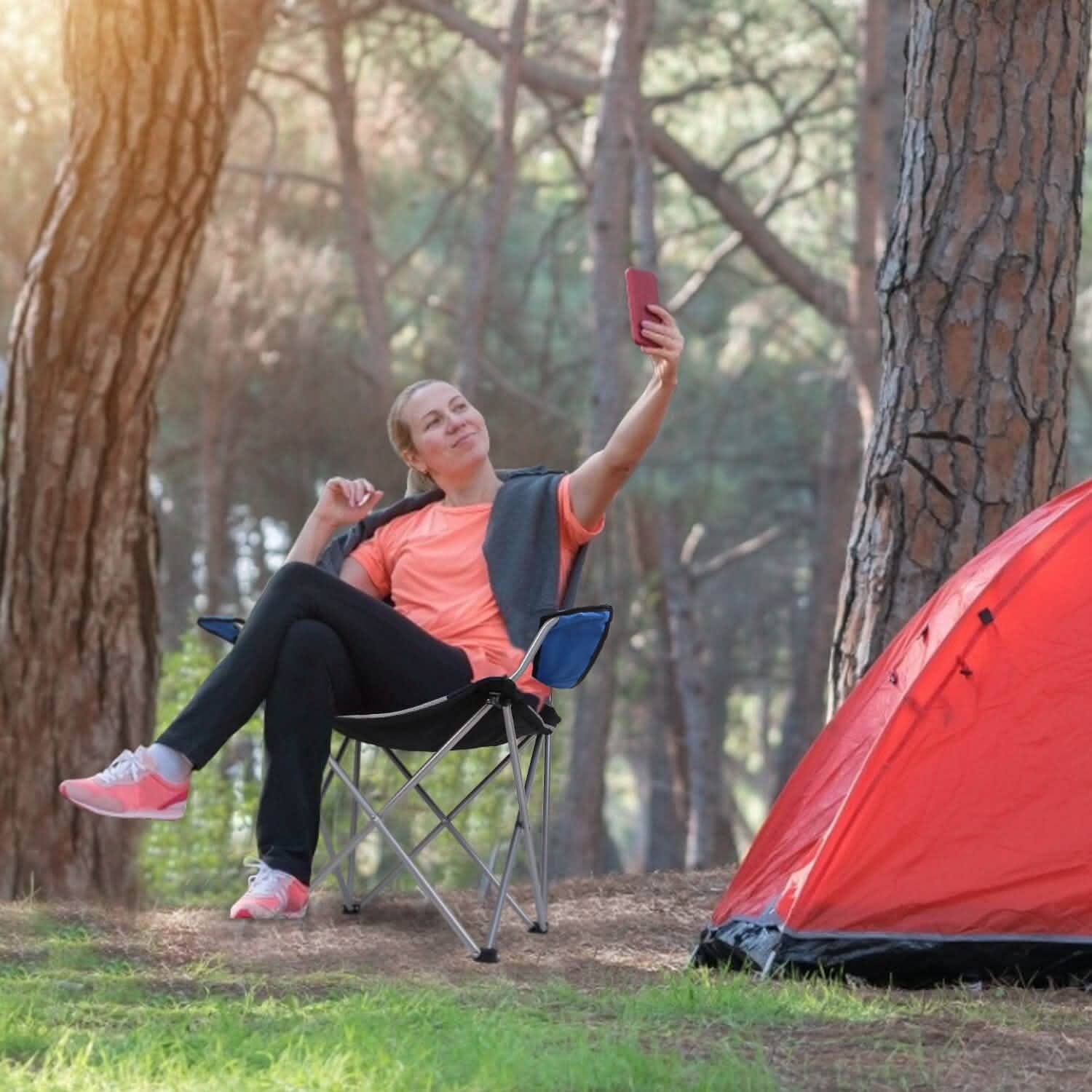 Chaise de camping pliante robuste en acier avec accoudoirs et dossier rembourrés pour jardin