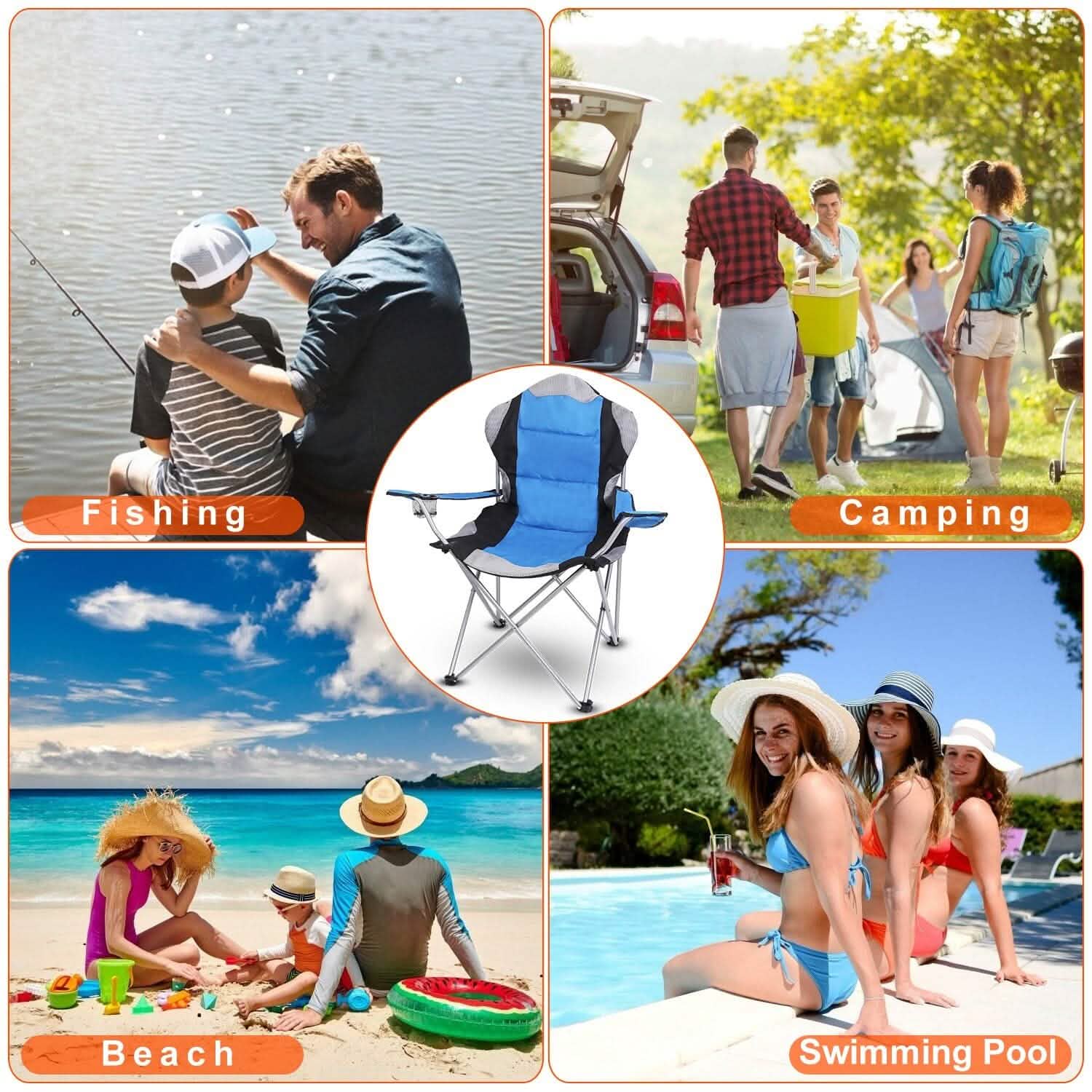 Chaise de camping pliante robuste en acier avec accoudoirs et dossier rembourrés pour jardin