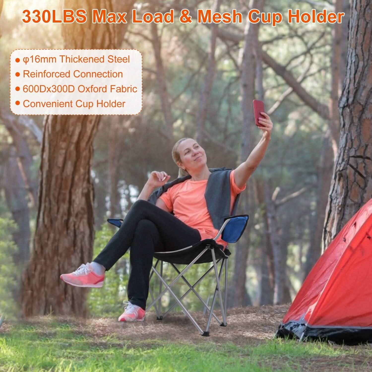 Chaise de camping pliante robuste en acier avec accoudoirs et dossier rembourrés pour jardin