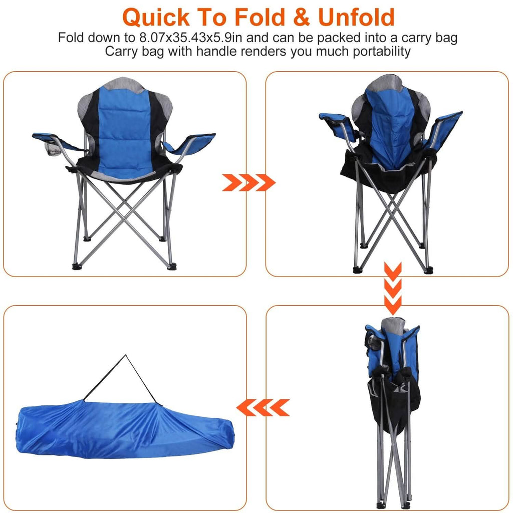 Chaise de camping pliante robuste en acier avec accoudoirs et dossier rembourrés pour jardin