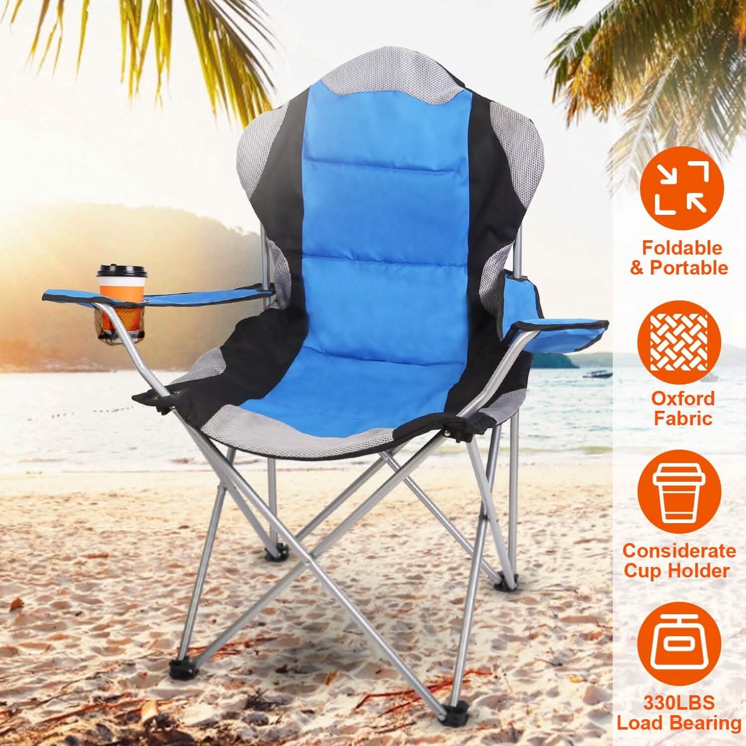 Chaise de camping pliante robuste en acier avec accoudoirs et dossier rembourrés pour jardin