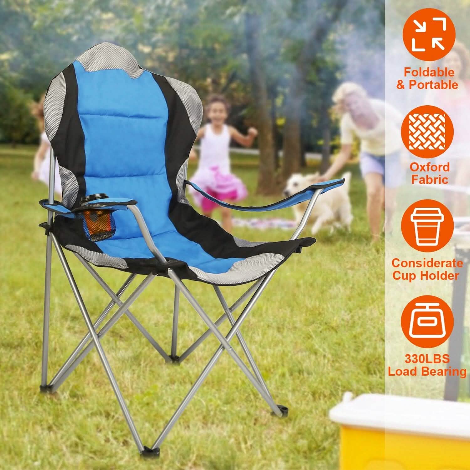 Chaise de camping pliante robuste en acier avec accoudoirs et dossier rembourrés pour jardin