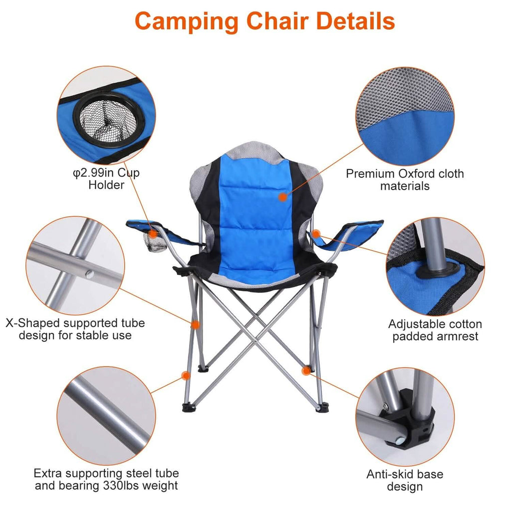Chaise de camping pliante robuste en acier avec accoudoirs et dossier rembourrés pour jardin