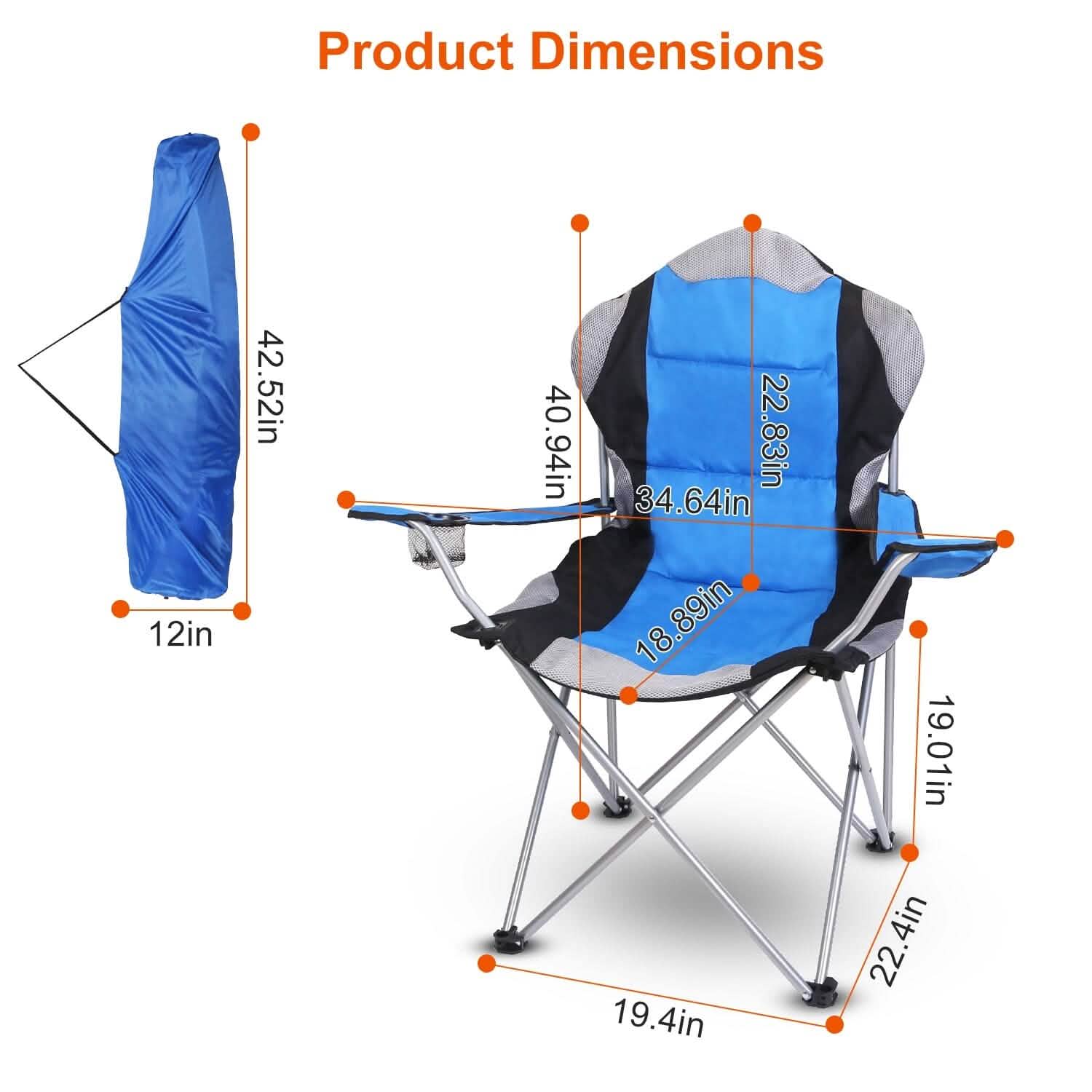 Chaise de camping pliante robuste en acier avec accoudoirs et dossier rembourrés pour jardin