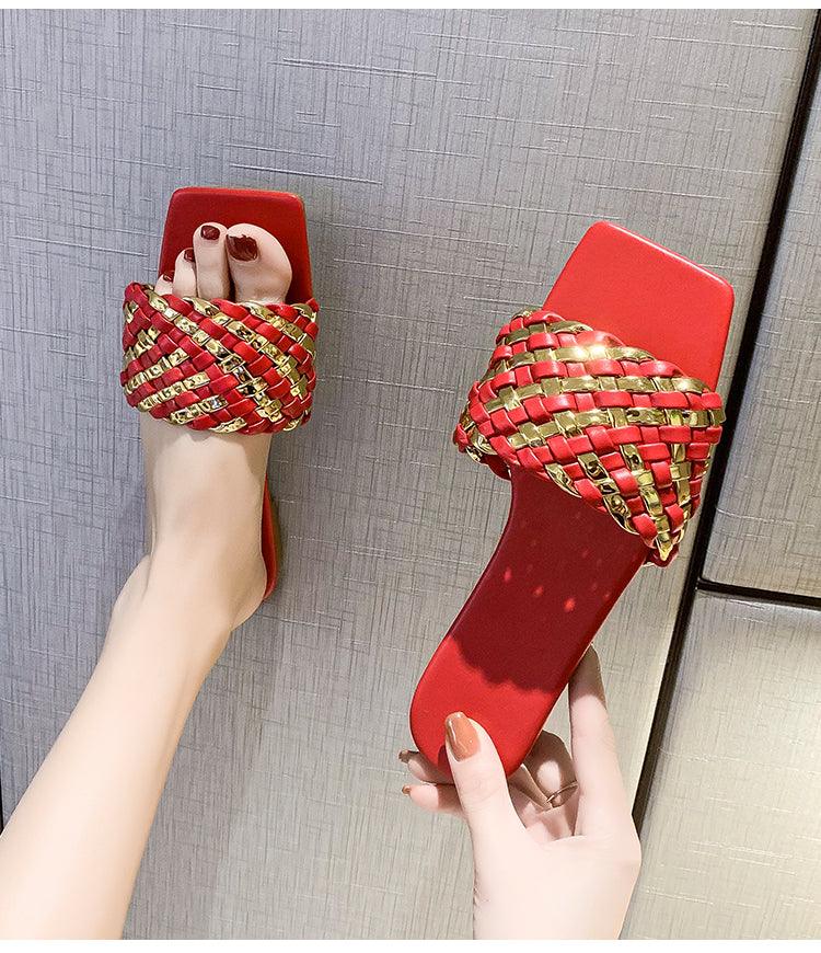 Chaussons de Luxe pour Femmes, Design Charmant, Sandales Plates de Plage à Bout Ouvert, Tongs Décontractées pour Femmes, Sandales Plates à Enfiler, Sandales Plates à Lanières en Cuir